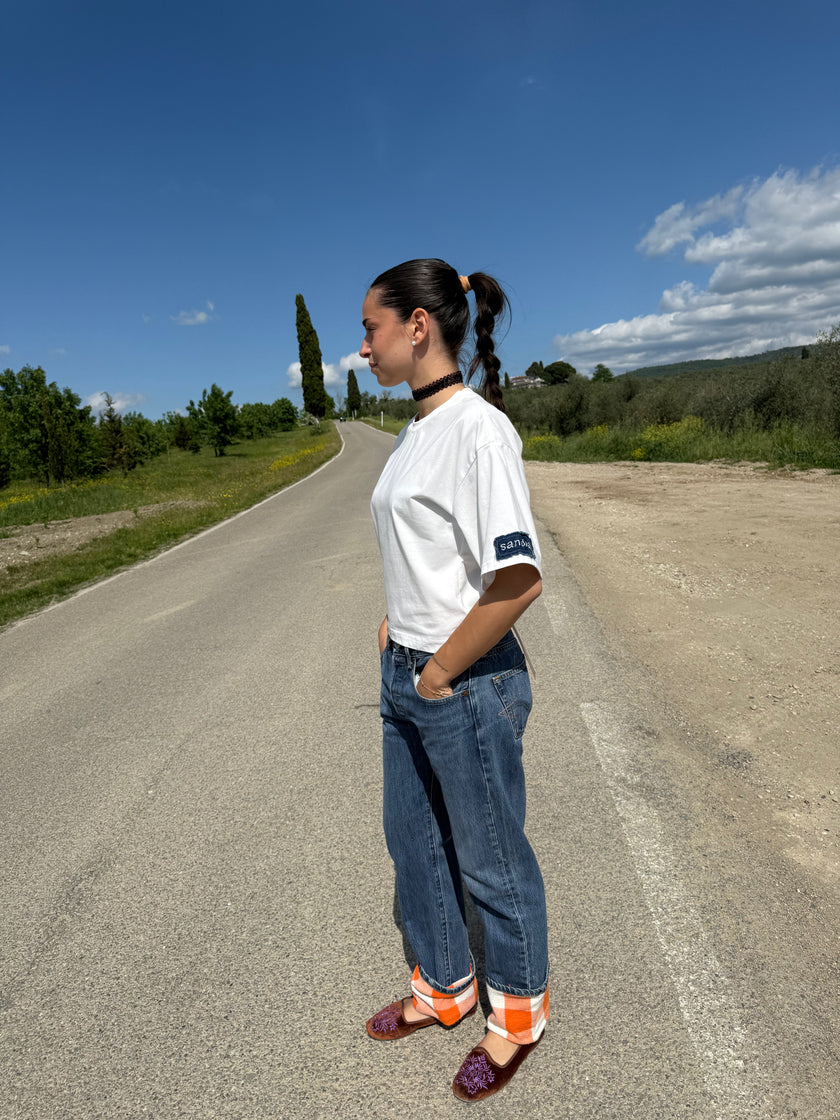 SCACCHI PANTS – jeans con risvolto fantasia a scacchi