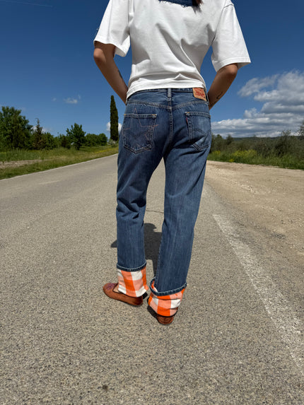 SCACCHI PANTS – jeans con risvolto fantasia a scacchi