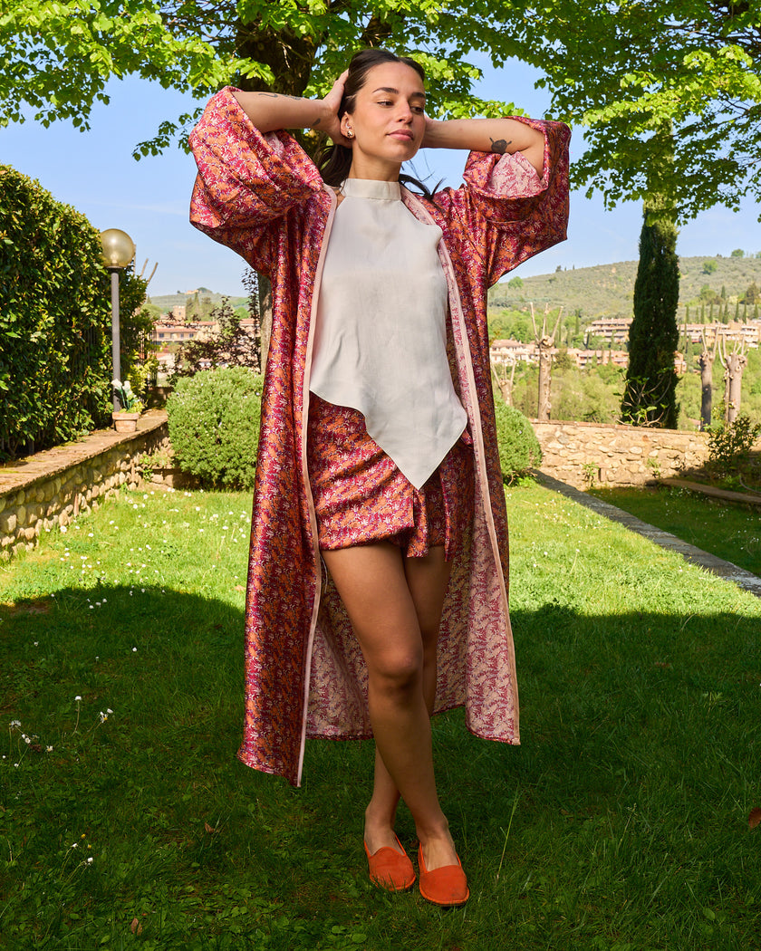 L’ORA LENTA – Kimono Maxi in Seta Fantasia rosso