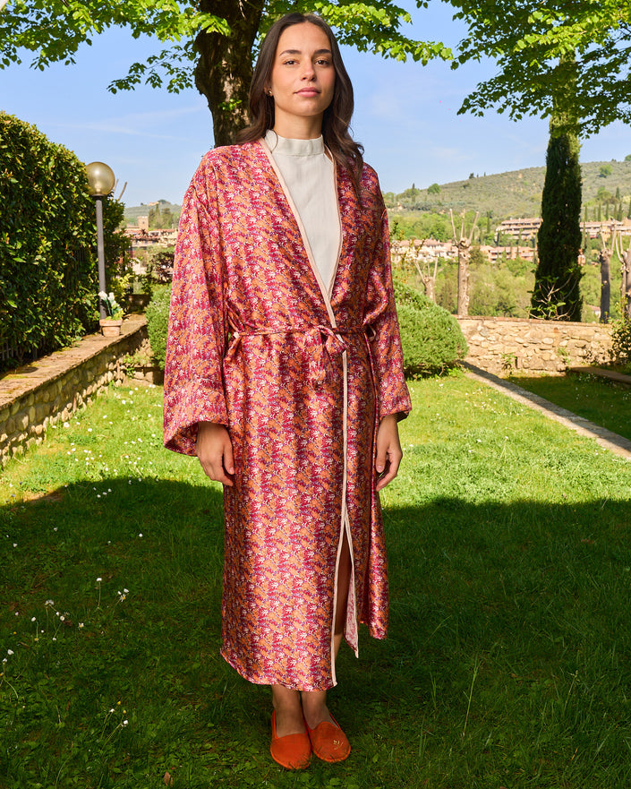 L’ORA LENTA – Kimono Maxi in Seta Fantasia rosso