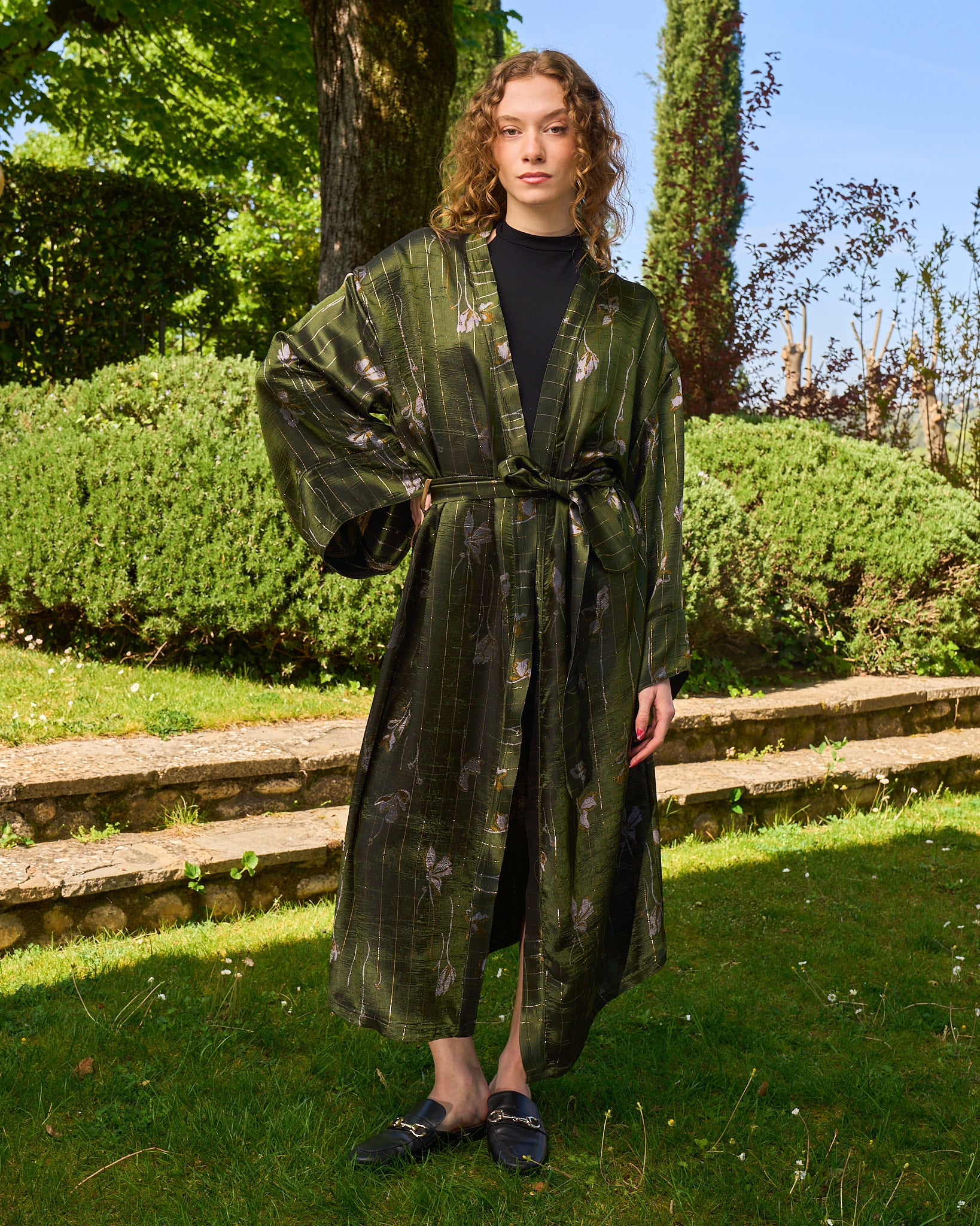 L’ORA LENTA – Kimono Maxi in Seta Fantasia verde